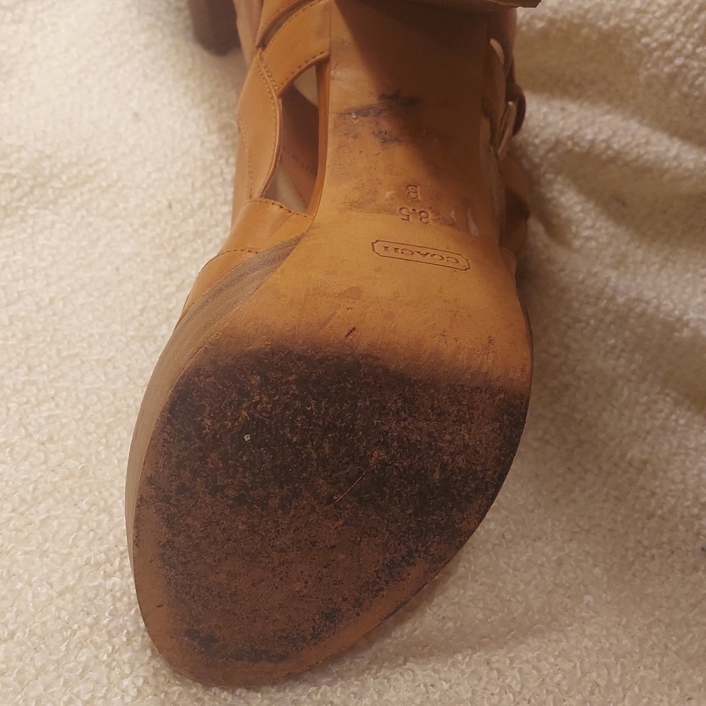 Used Coach Leather Peep Toe Buckle Tie 5" Heels, one heel has water stain - Picture 4 of 5